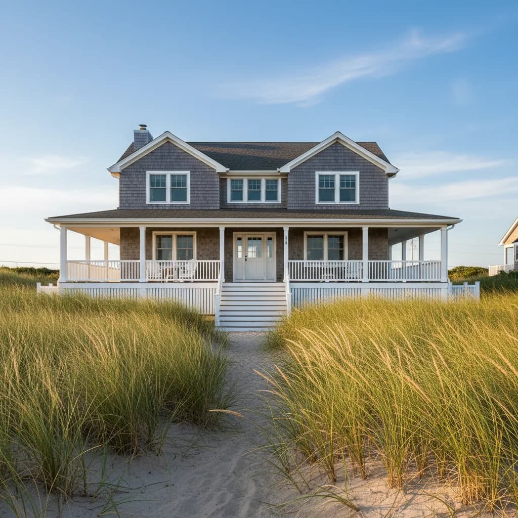 Jersey Shore cedar-shingle beach house with a wraparound porch