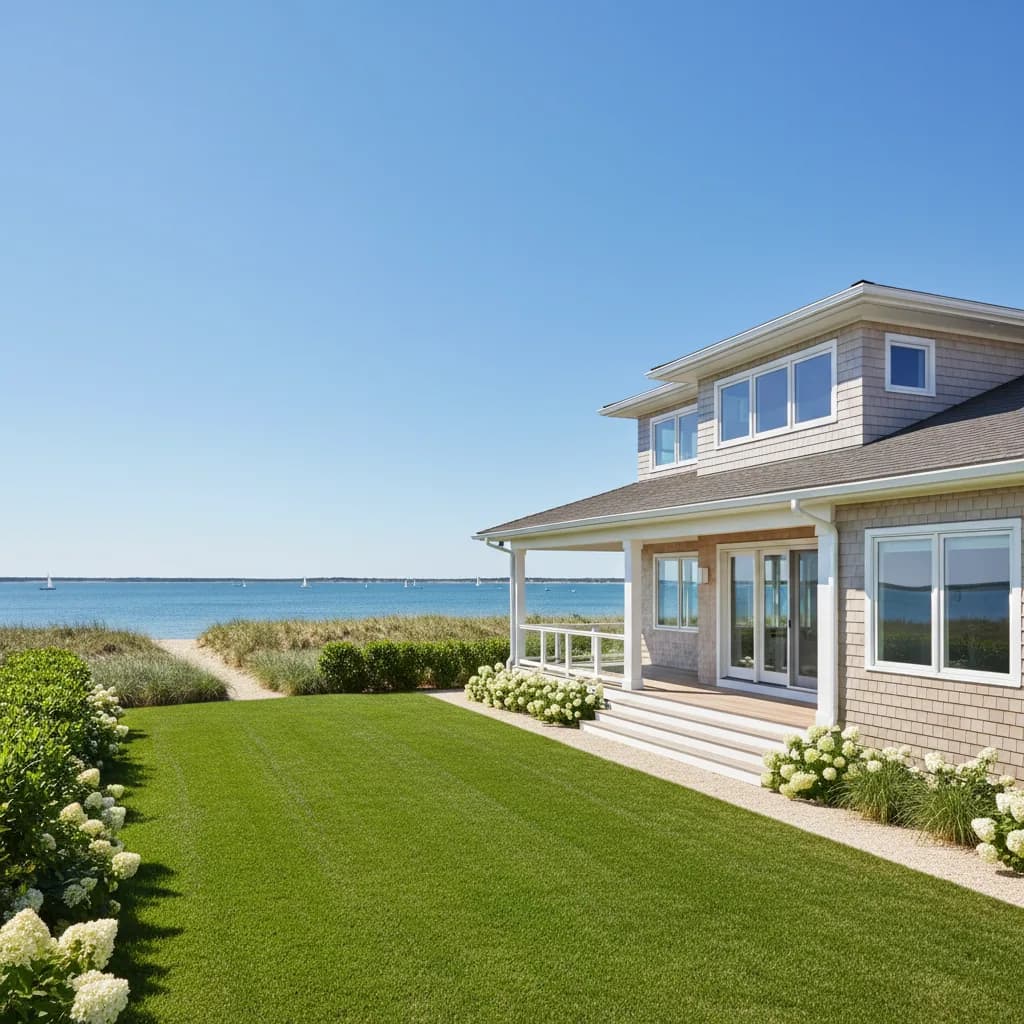 Bright modern shore home near the bay with a manicured lawn
