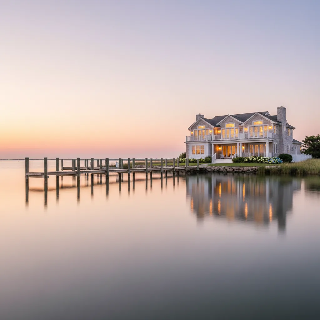 Waterfront shore home with a private dock at dusk